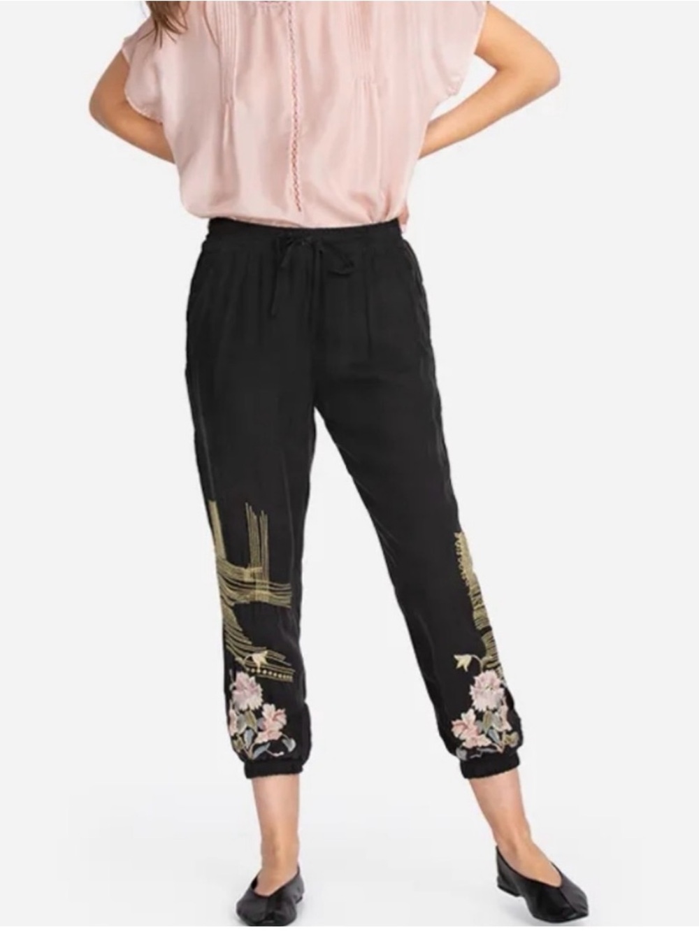Johnny Was embroidered cupro jogger pants black sz M boho artsy